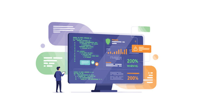 Computer screen displaying code and analytics with a person standing next to it, representing technology and business data analysis.