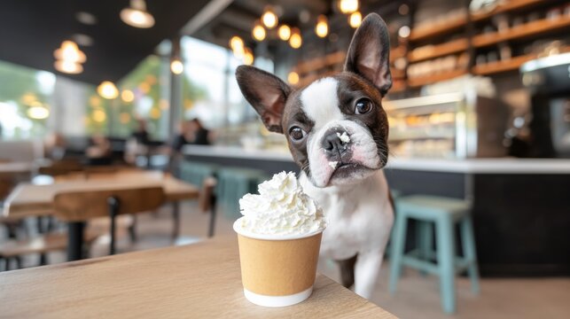Close-up of a puppy with whipped cream on its nose next to a small cup in a coffee shop setting with warm lights