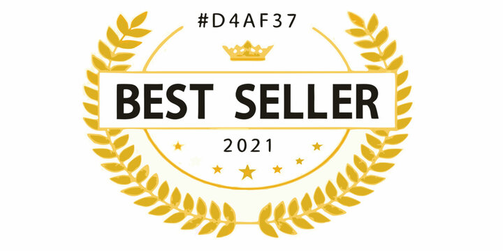 Golden laurel wreath surrounds a best seller badge with a 2021 date