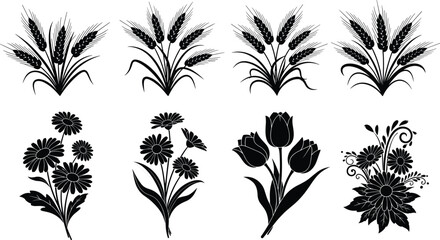 Black Floral Silhouette Vector Collection Featuring Wheat Stalks Daisy Bouquets and Tulip Garden Flowers Icons for Rustic Wedding Invitations Countryside Nature and Farm Graphics