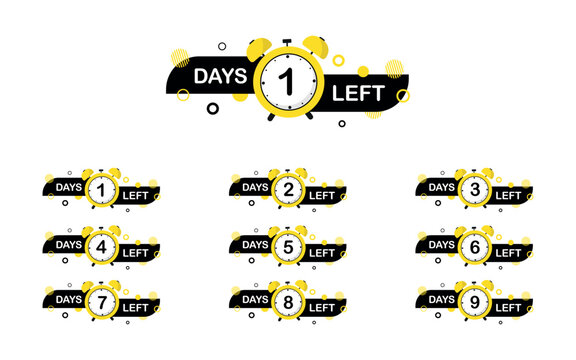 Countdown number 1, 2, 3, 4, 5, 6, 7, 8, 9, of days. Sale time countdown. Count down vector banner template. Number of days left. Promotional banners. Offer timer, sticker limited to few days