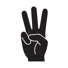 Obraz premium Three fingers vector illustration, black silhouette of human hand showing number three, isolated gesture for counting or indicating quantity
