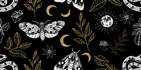 Mystical seamless pattern featuring moths moons crystals and botanical elements © KrishnaPada