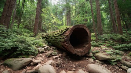 Obraz premium Fallen Log in Lush Forest Surrounded by Rocks and Greenery, Capturing Nature's Beauty and Tranquility