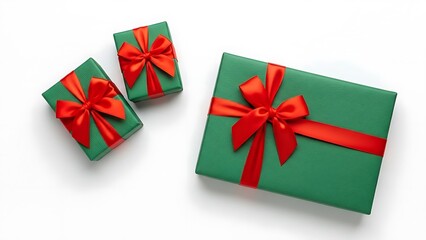 Three green gift boxes with red bows