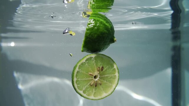 Fresh green kaffir lime slice falling into clean crystal clear water creates splash and bubbles in slow motion studio clip.