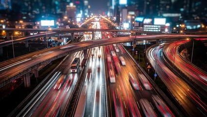 Busy nighttime highway interchange