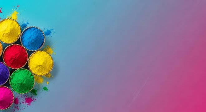 Holi Festival Bright Turquoise to Magenta Gradient Banner with Gulal Bowls