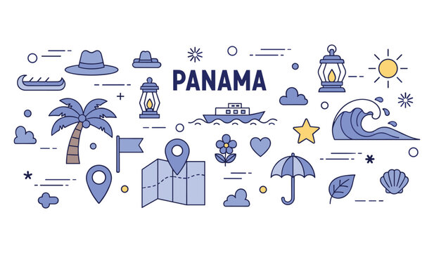 Panama travel icons: palm trees, map, ship, lanterns, umbrella, waves, clouds, star