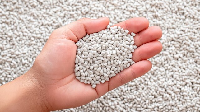 Close-Up of Hand Holding White Plastic Granules on a Background of Similar Material for Industrial Use