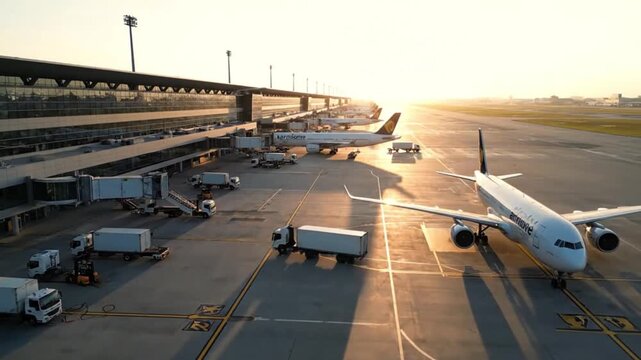 An aerial view of a busy airport tarmac at golden hour, with multiple commercial airplanes parked at gates and ground support vehicles moving around, bathed in the warm glow of the setting sun.