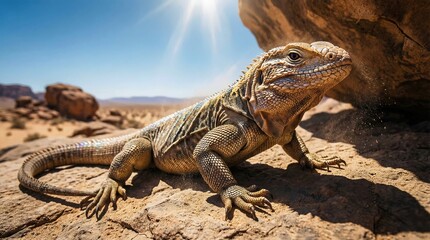 Obraz premium Large lizard basking in desert sun on rocky terrain