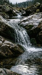 Fototapeta premium Serene waterfall cascading over mossy rocks in forest