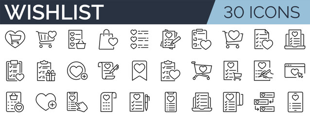 Set of 30 outline icons related to wishlist. Linear icon collection. Editable stroke. Vector illustration