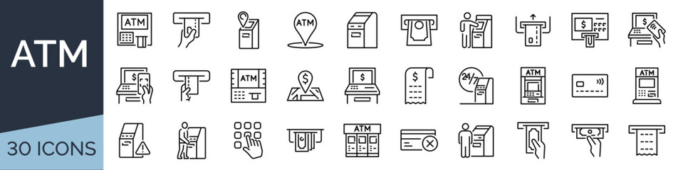 Set of 30 outline icons related to atm. Linear icon collection. Editable stroke. Vector illustration