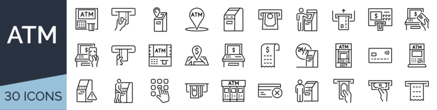 Set of 30 outline icons related to atm. Linear icon collection. Editable stroke. Vector illustration