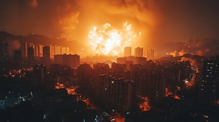Obraz premium A large bright explosion illuminates a dense city skyline at night with smoke and clouds overhead