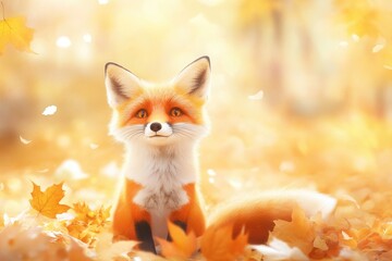 Obraz premium Adorable fox cub in autumn leaves with sunlit bokeh background