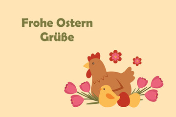 Cute Easter Illustration With Hen And Chick, Spring Flowers And German Easter Greeting