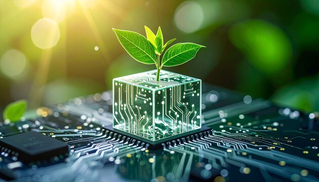 Green plant growing out of a transparent cube resembling a computer chip, embedded in a circuit board with radiating connections, symbolizing nature and technology integration.