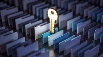 A shining golden key stands out amongst numerous grey and blue digital folders, symbolizing crucial access or solution.
