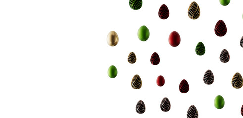 Colorful Easter eggs scattered on a white background. Perfect for Easter greetings and spring season themes. Decorative © vegefox.com