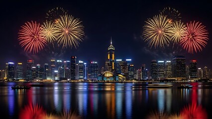 Vibrant cityscape illuminated by fireworks