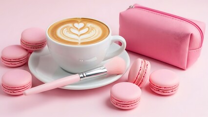 Delightful pink macarons and latte