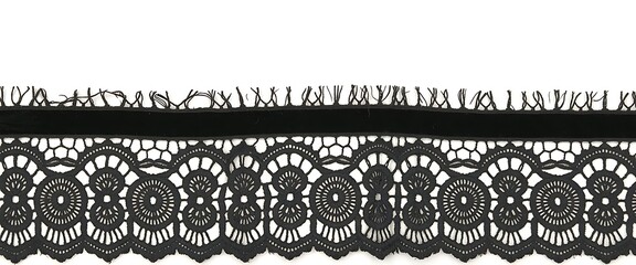 Black lace trim with intricate circular patterns on white background intricate decorative trim
