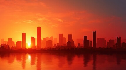 Obraz premium Silhouette of a generic city skyline at sunset or sunrise over water. Modern metropolitan landscape with vibrant orange sky. Urban environment concept.