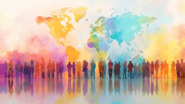 Diverse crowd of people silhouettes standing in front of a colorful world map. Global community and human connection concept for unity and diversity.