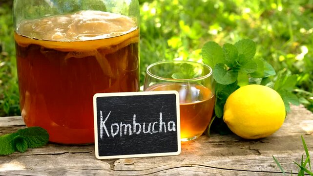 Kombucha in a jar at home. Selective focus.