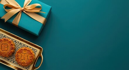 Teal gift box with gold ribbon and mooncakes on gold tray ramadan kareem islamic eid mubarak background download 2026 2027