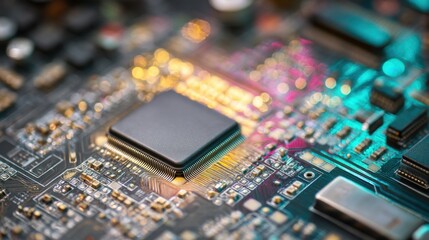 Obraz premium Close up of a computer circuit board with microchip. Technology background with electronic components for hardware and data processing concept.