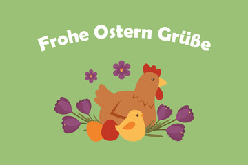 Cute Easter illustration with hen and chick, spring flowers and Frohe Ostern Gr&uuml;&szlig;e greeting in german
