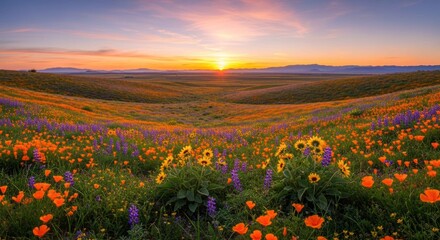Fototapeta premium Colorful wildflowers bloom in a lush meadow at sunrise, scenic vista