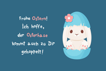 Cute Easter Bunny In Blue Egg With German Easter Greeting, Frohe Ostern Holiday Illustration