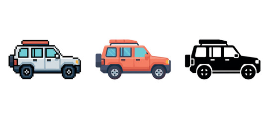 Naklejka premium Pixel art, cartoon, and silhouette suvs on white background