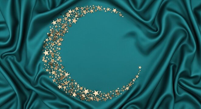Teal silk texture with gold stars in crescent shape ramadan kareem islamic eid mubarak background download 2026 2027