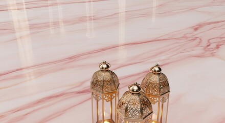 Three gold lanterns on pink marble surface ramadan kareem islamic eid mubarak background download 2026 2027