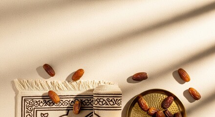 Warm beige background with dates and prayer mat ramadan kareem islamic eid mubarak background download 2026 2027