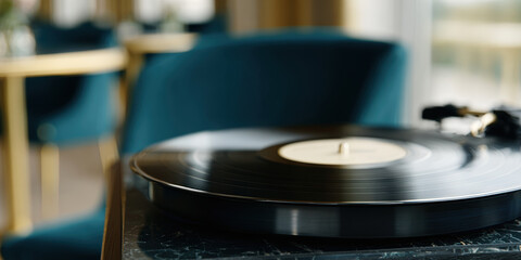 Obraz premium Vinyl record turntable music retro black analog sound vintage relaxation sits on marble table in cozy room with blue chair and golden accents evoking nostalgia and calm