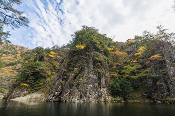 日本　広島県山県郡安芸太田町にある峡谷、三段峡の黒淵の渡し舟から眺める岩壁と紅葉した木々