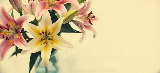 Obraz premium Pink and cream lilies in a vase with soft dreamy background pink lilies flowers