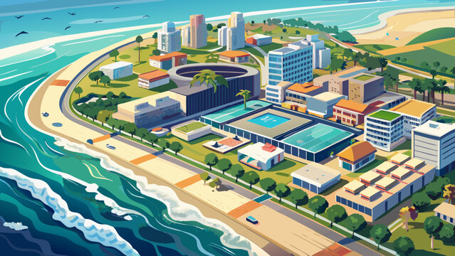 Very beautiful aerial view of Cotonou, showcasing coastal layout, urban density, and oceanfront development with clear copy space for editorial and design use.