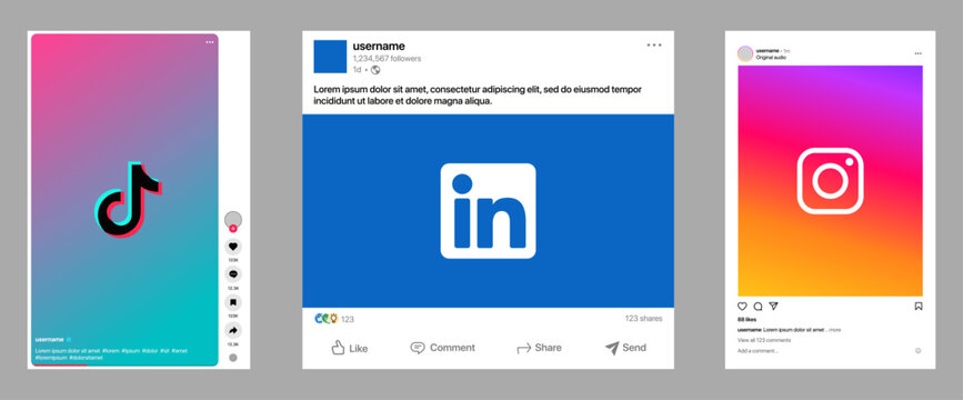 TikTok, LinkedIn, and Instagram video post interface with reels in carousel format, interactive playback, content discovery, engagement tools, and modern social media experience