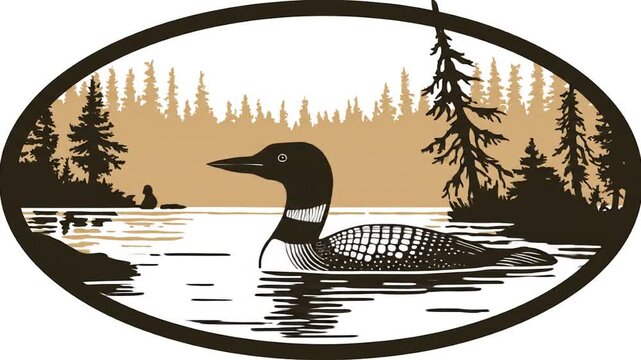 Scenic vector illustration of waterfowl swimming on a lake in wilderness