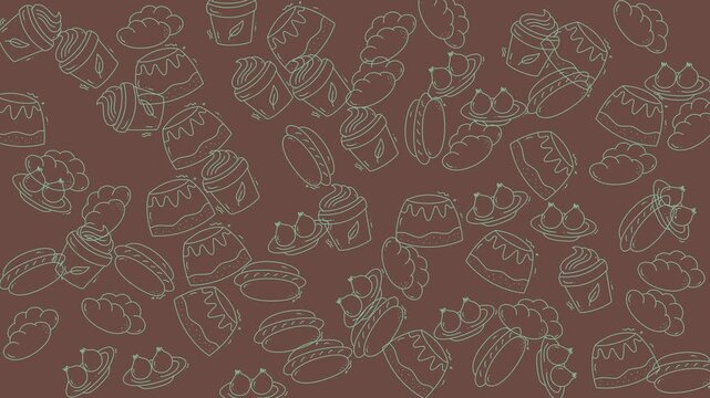 Food doodle handdrawn sketched desserts fruits and hot dogs on a fun brown background. Suitable for foodthemed designs and marketing material.