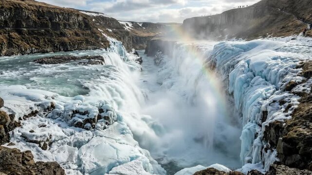 Majestic Gullfoss Waterfall with Rainbow in Winter Spring Iceland