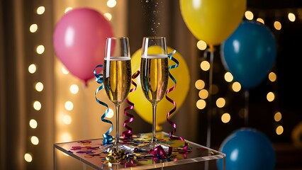 Celebratory toast with champagne and balloons